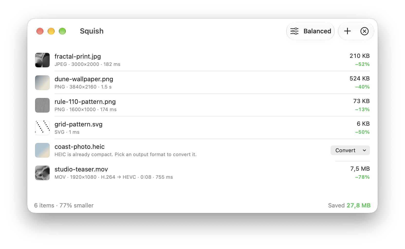 The Squish window listing six optimized files: a JPEG 52% smaller, PNGs 40% and 13% smaller, an SVG 50% smaller, a HEIC ready to convert and a video 78% smaller